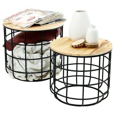 set 2 pezzi tavolini rotondi mdf cestino