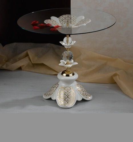 tavolino tondo in ceramica con vetro avorio