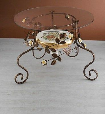 tavolino tondo in metallo marrone ceramica foglia