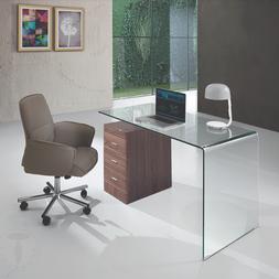 Scrivania in vetro curvato Bow Wood con cassettiera ufficio 