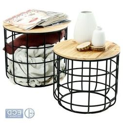 Tavolini rotondi MDF set di 2 cestino in metallo nero natura