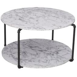 Tavolino da caff&egrave; rotondo moderno effetto marmo con mensola