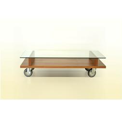 Tavolino da salotto in vetro e legno con ruote