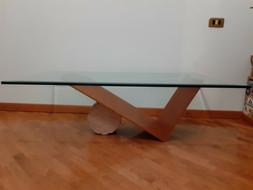 Tavolino moderno in cristallo temperato,legno e piedistallo 