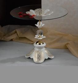 tavolino tondo in ceramica con vetro avorio