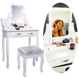 Toletta,Tavolo da Trucco con Specchio e Lampadine, Sgabello 